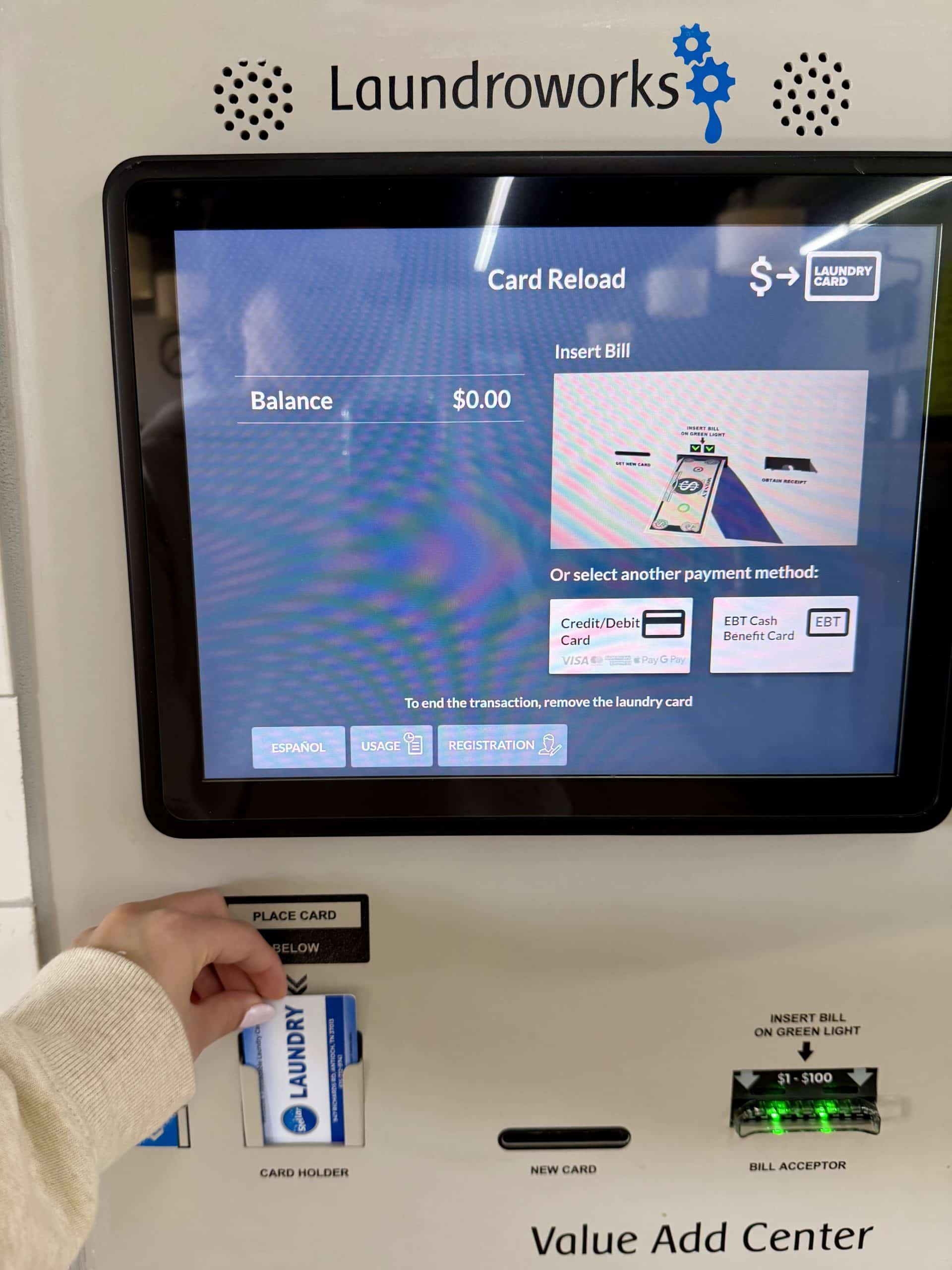 our-mission Laundroworks Value Add Center touchscreen kiosk at Stellar Laundry Antioch